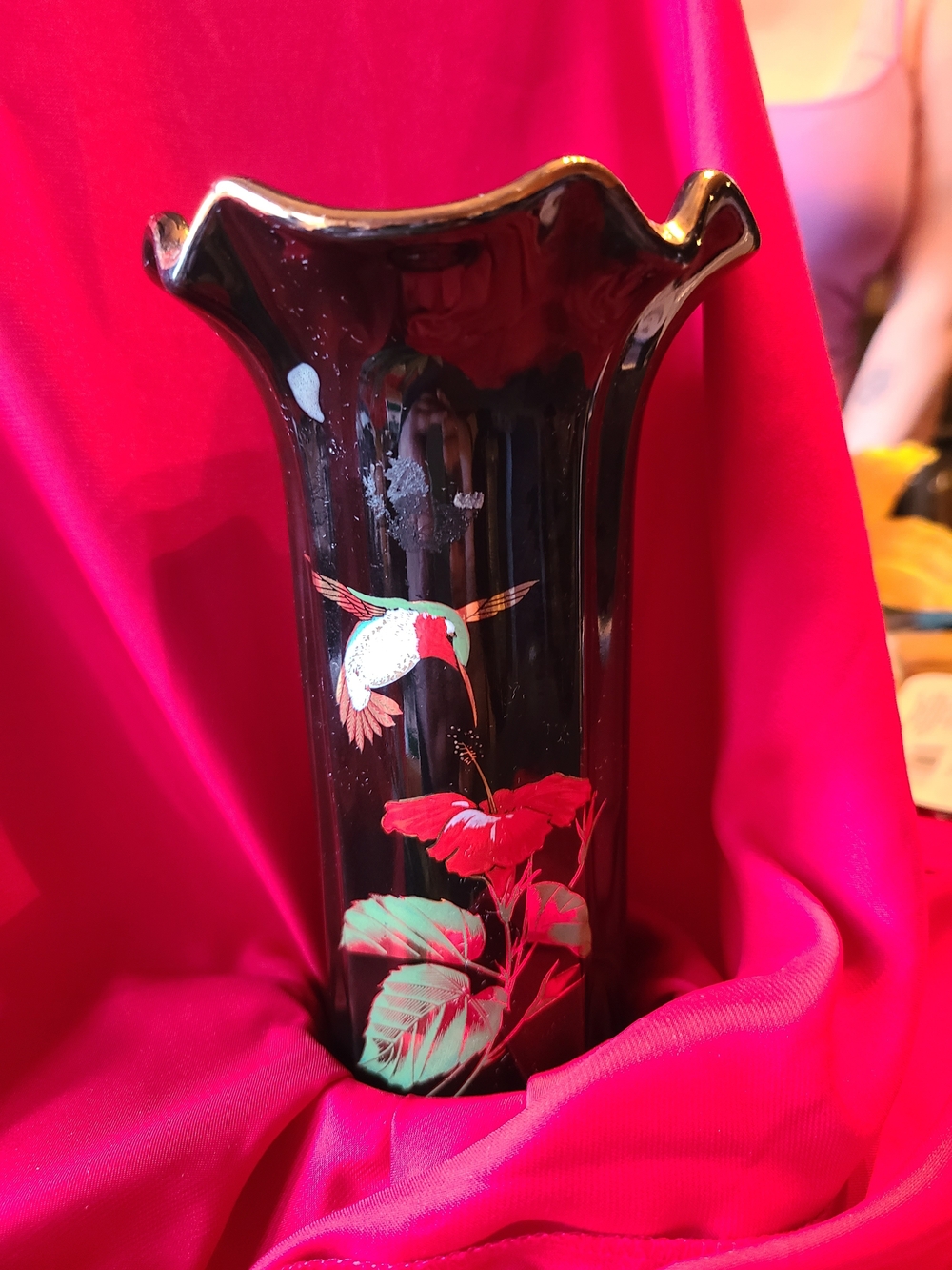 Vintage Black Glass Vase with Red Floral and Hummingbird Motif